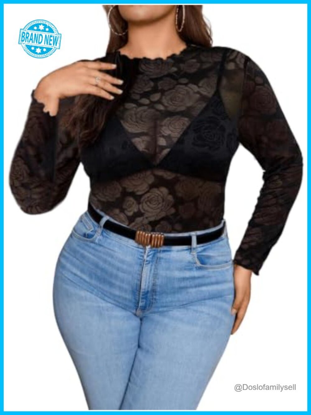 Plus Size Sheer Lace Mesh Floral Long Sleeve Crop Top Sexy Party Blouse